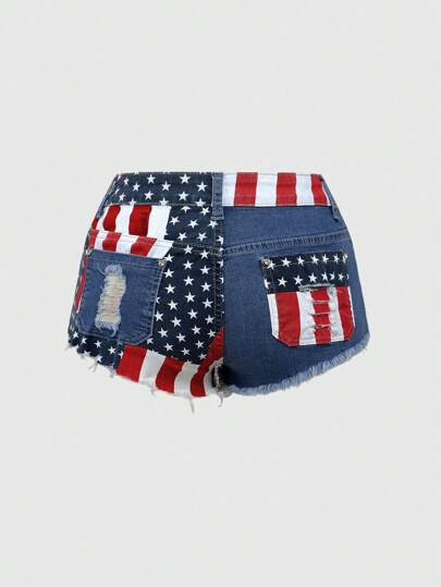 ROMWE Avant Pantalones cortos vaqueros de tiro bajo con parches de la bandera estadounidense desgastados