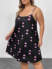 SHEIN CURVE+ Camisón de mujer de tallas grandes con estampado de corazón y tirantes finos, atuendos para Día de San Valentín, playa, vacaciones en la playa, graduación, fiesta del té - Multicolor - Ver 6