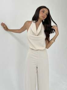 Aloruh Early Spring Elegant Halter Backless Loose Jumpsuit, Straight Leg, Slimming Design - Apricot - View 7