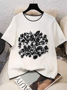 SHEIN LUNE Camiseta de cuello redondo de mujer con bordado floral de verano