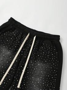 ROMWE MEN Street Life Spring/Summer Casual Men'S Drawstring Waist Sparkling Diamond Print Shorts - Black - View 3