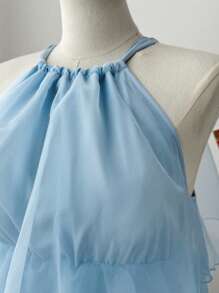 Flirla Vestido Plus Size Cor Sólida Organza Babados Cintura Amarrada