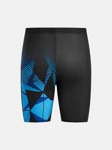 SHEIN 青少年男孩休闲运动渐变几何印花压缩泳裤 - 藍色 - 查看 2