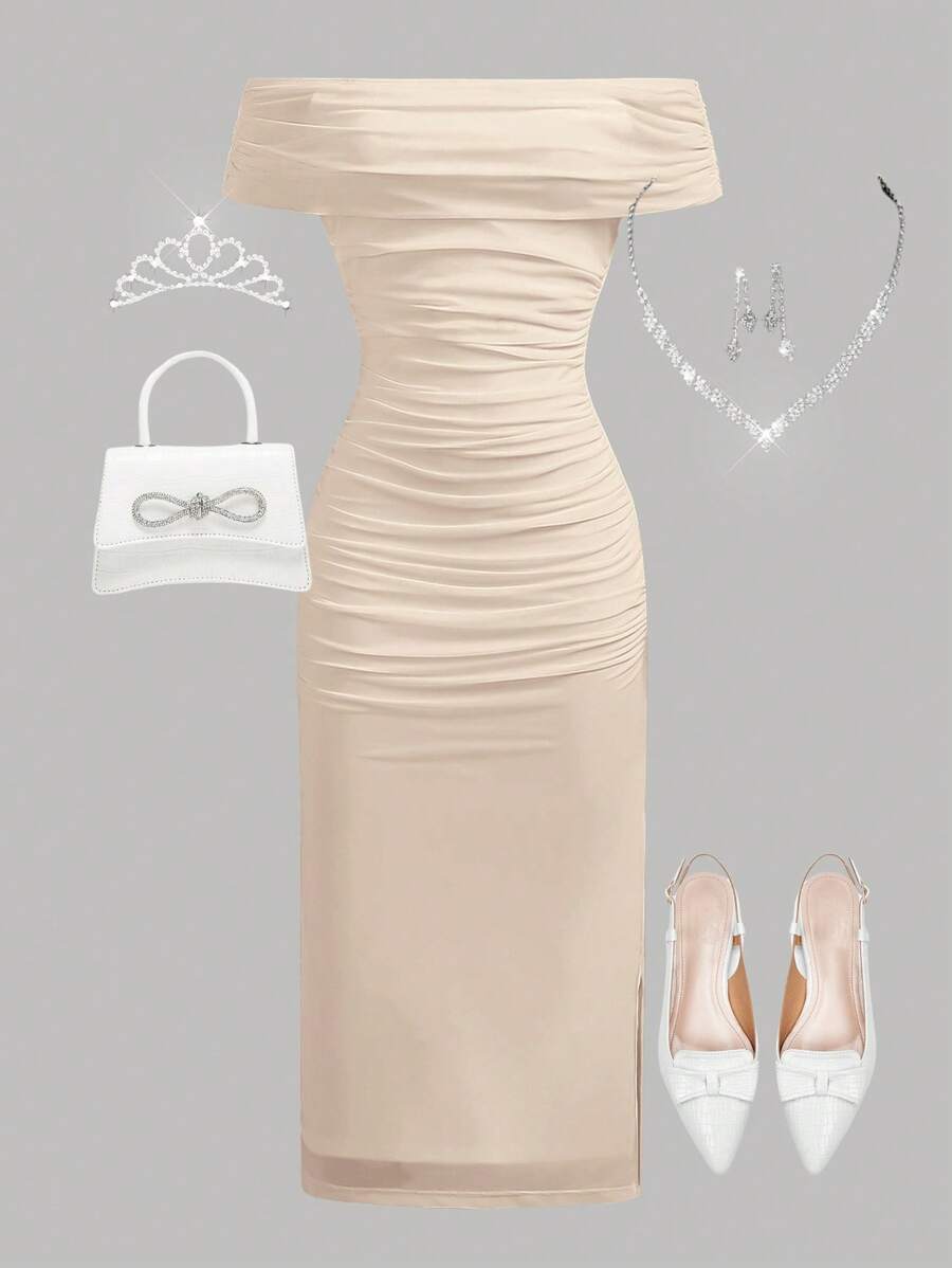 SHEIN Girlism TEENGIRL Apricot Elegant Off-Shoulder Pleated Mesh Snug Fit Dress,Party Dress