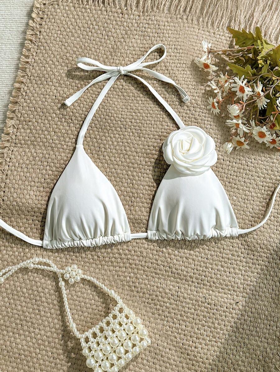 Soleia Beach Vacation Outfits Swimwear Women Swimsuit Summer Beach Outfits For Woman Vacation Outfits Woman  Rave Biquíni White Swimsuit Plus Size Women's Vacation Beach 3D Flower Decor Halter Bikini Top Burkini Swimsuit Going Out Tops Women - White - View 1