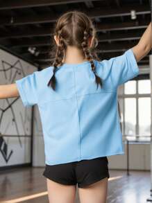 SHEIN Young Girls Short Sleeve Crew Neck Knitted Top Tee, Creative Patchwork Design, Loose Casual Comfortable Cute Solid Color Simple Sports T-Shirt, Summer Daily Versatile Wear - Cadet Blue - View 1