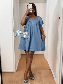 Slaydiva New Spring And Summer Casual Street Elegant Daily Date Round Neck Raglan Short Sleeves Cap Sleeves A Hem Pocket Decoration Babydoll Skirt Mini Skirt Light Wash Blue Women's Denim Dress-B - Light Wash - View 6