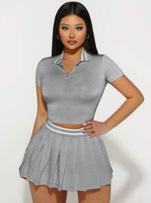 Sirith 2pcs/Set Summer Casual Contrast Color Striped Short Sleeve Top And Pleated Skirt