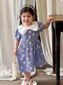 SHEIN Vestido con cuello ancho, mangas abullonadas y pequeñas margaritas para niña bebé, primavera/verano, estilo campo - Azul - Ver 1