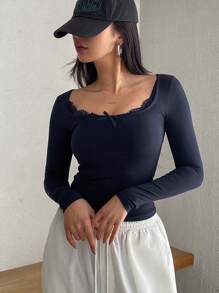 DAZY Women Lace Patchwork Bow Decor Casual Sexy Round Neck Long Sleeve Slim Fit T-Shirt