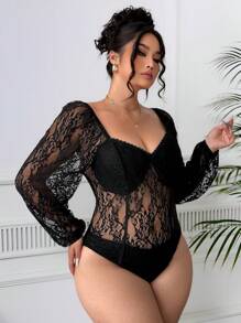 Elenzga Plus Size Square Neck Sheer Bodysuit, Sweetheart Collar, Lantern Sleeve, Lace Bodycon - Black - View 4