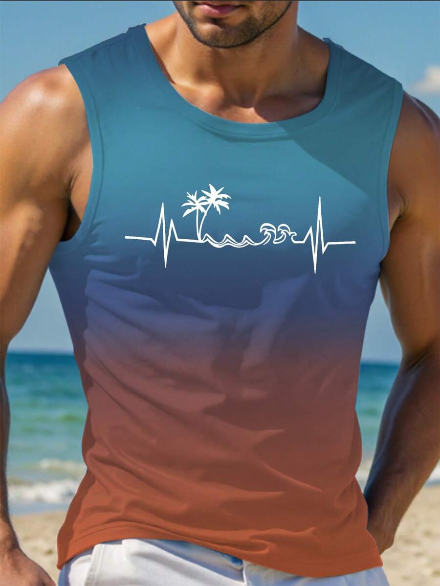 Manfinity RSRT Men's Casual Palm Tree Print Round Neck Tank Top - Multicolor - View 1