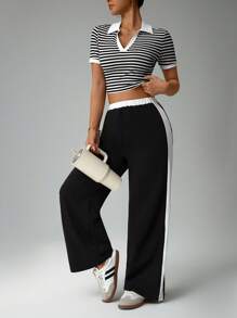 SHEIN Sports 夏季休闲条纹短袖短款运动 Polo T 恤 - 黑與白 - 查看 5