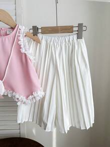 SHEIN Babygirl 可爱优雅花卉无袖上衣搭配褶皱长裤和斜挎包套装 - 粉色 - 查看 3