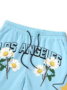 Manfinity EMRG Men's Letter & Daisy Print Drawstring Waist Casual Shorts - Blue - View 5