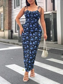Easura 大码女式时尚紧身花卉印花夏季吊带连衣裙，胸部有褶饰，长款女式服装 - 彩色 - 查看 4