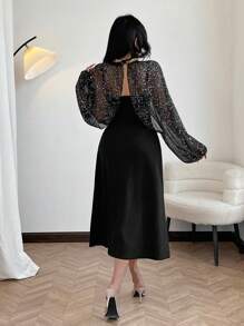 DAZY Women's Shiny Lantern Sleeve Dress Sparkly Dress - Black - View 2