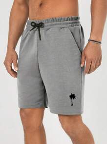 RueChic Cotton Men's Drawstring Waist Coconut Tree Print Shorts - Grey - View 2