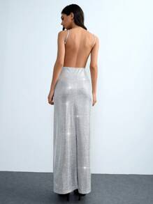 Chiquease Women's Elegant Sexy Foil Textured Crisscross Strap Hollow Out High Slit Dress - Silver - View 2