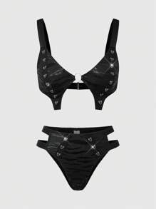 ROMWE Goth Conjunto de lencería con bustier y minifalda de tela con estampado gótico