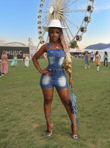 Slaydiva Quần yếm denim thường ngày cho nữ có thiết kế khóa cài - Màu xanh lam - Xem 5