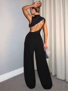 SHEIN BAE Spring/Summer Solid Black Sexy Minimalist Sleeveless Asymmetrical Chest Hollow Splice Rhinestone Diamond Chain Jumpsuit, Elegant Women Going Out Outfit For Daily, Date, Party, Asymmetrical Jumpsuit, Wide Leg Jumpsuit, Valentines Day Jumpsuit, Casual Jumpsuit, Elegant Jumpsuit,Valentine's Day,Valentine Outfits For Women