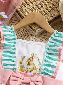 SHEIN Robe de style campagnard à col rond avec volants, imprimé lapin de Pâques mignon et floral pour jeune fille. Style doux de type Europe Amérique