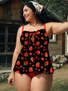 Swim Mod 2pcs/Set Plus Size Women Strawberry Print Flounced Spaghetti Strap Tankini, Casual And Simple For Holiday And Vacation For Summer - Multicolor - View 4
