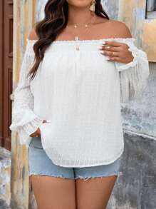 SHEIN VCAY Plus Size Solid Color Off-Shoulder Casual Long Sleeve Shirt - White - View 4