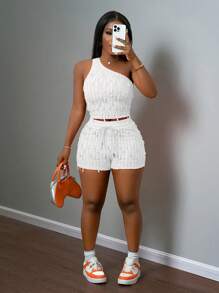 Slaydiva New Casual Vacation 2 Pieces Set: Asymmetric Fitted Sleeveless Top & Shorts, Spring/Summer - White - View 3