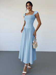 Firerie Nouvelle robe longue de printemps/été avec col carré, manches bouffantes, taille marquée, avec plis, nœud papillon et devant enveloppé. Élégante pour une tenue quotidienne ou un rendez-vous, couleur abricot