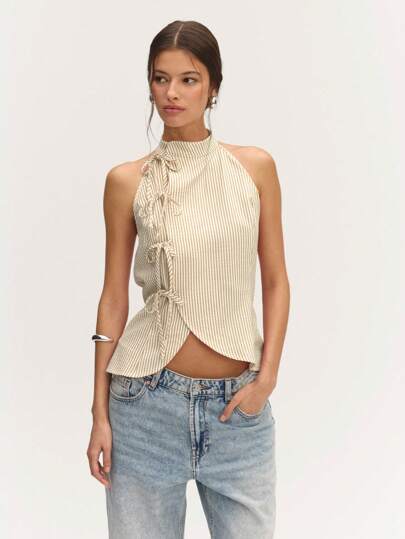 Nöista Summer Chinese Style Neckline Linen Stripes Sleeveless Bows Detail Featuring Linen Stripes And Bow Details!