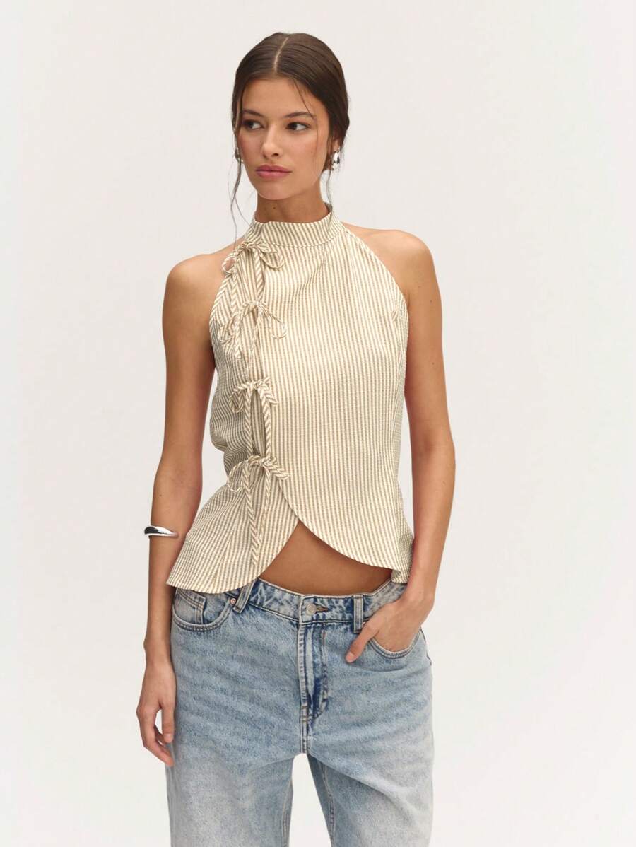 Nöista 夏季中国风领口亚麻条纹无袖蝴蝶结细节饰有亚麻条纹和蝴蝶结细节！ - 卡其色 - 查看 1