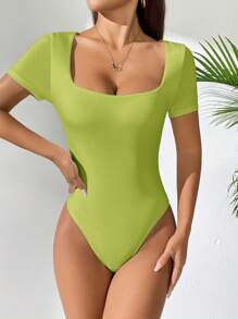 SHEIN PETITE 女士方领短袖休闲 T 恤紧身衣 - 綠色 - 查看 3