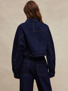 WESTFADE Collared Button Front Boxy Cropped Long Barrel Sleeve Denim Trucker Jacket Summer Country Concert - Dark Wash - View 2