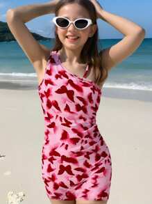 Holiday,Summer,TravelTween Girl Elegant Casual Vacation Asymmetrical Shoulder Snug Fit Butterfly Print Red Knitted Dress, Suitable For Spring/Summer Outdoor Vacation, Beach Outfit