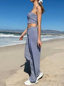 SHEIN EZwear Women 2pcs/Set Striped Bandeau Top And Pants Set, Beach Outfit - Blue - View 4