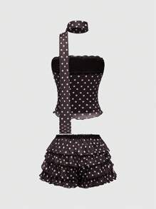 ROMWE J-Fashion Y2K 风格女装 2 件套：波尔卡圆点印花吊带短款上衣 + 荷叶边下摆短裤（配领带），夏季服装 - 彩色 - 查看 2