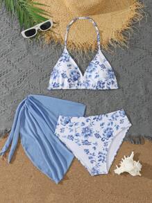 Teen Girls 3 Piece Floral Print Bikini Sets With Skirt, Fashion Casual Elegant Swimsuit Suitable For Swimming, Vacation, Summer Kids Swimming ,Kids Beachwear - Blue and White - View 1