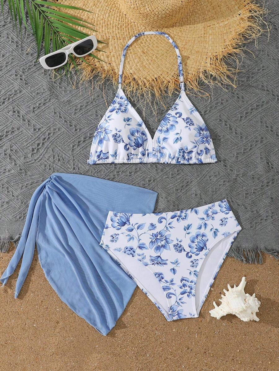Teen Girls 3 Piece Floral Print Bikini Sets With Skirt, Fashion Casual Elegant Swimsuit Suitable For Swimming, Vacation, Summer Kids Swimming ,Kids Beachwear - Blue and White - View 1