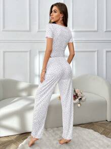 Ditsy Floral Half-Zip Front Button Decor Short Sleeve Top And Long Pants Pajama Set - Purple - View 2