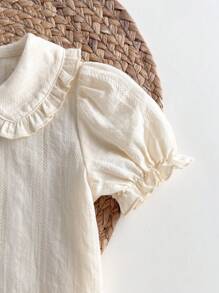 Loomiva Baby Girl Solid Color Ruffle Trim Bubble Sleeve Top, Casual & Versatile