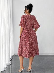 Elenzga Plus Size Women's Ditsy Floral Round Neck, Ruffle Sleeve, Waist Gathered A-Line Midi Dress, Elegant Casual Wear