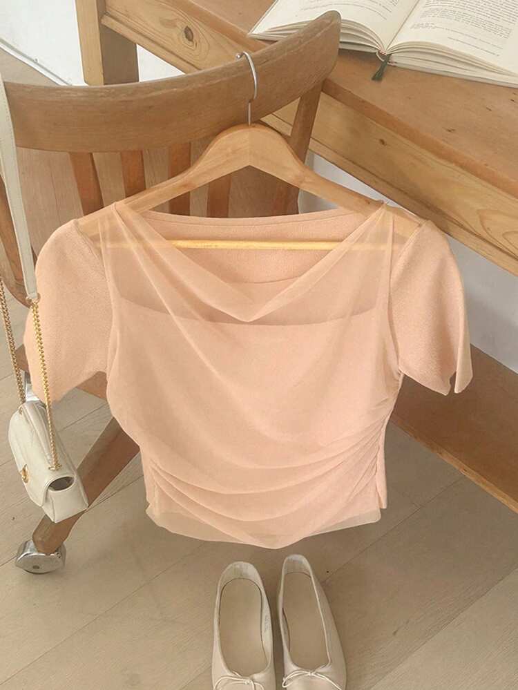 Women's Chiffon Draped Neck Ruched Waist Short Sleeve Pink Knit Top For Summer