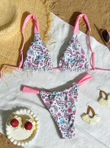 SHEIN Swim Women's Paisley Print Swimsuit Set, Lace-Up Print Top With Sexy Thong Bottoms, For Swimming Pool, Beach, Sunbathing, Resort Party For Summer Beach Vacation - Pink - View 2