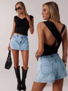 Forever 21 女式复古街头风格休闲洗水牛仔迷你裙，春季 - 淺色水洗藍 - 查看 1