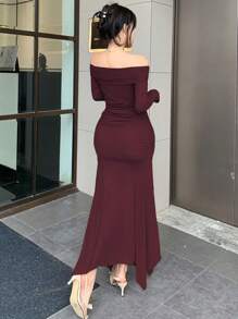 DAZY Women's Elegant Solid Color Off Shoulder Twist Midi Dress, Spring Prom Dress Elegant,Fall Clothes Long Sleeve Dress - Burgundy - View 2