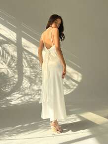 Aloruh Vestido largo con abertura lateral hasta el muslo, escote en V y tirantes finos de unicolor para mujer - Blanco - Ver 1