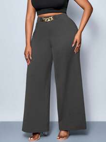 SOLERSUN 大码女式纯色腰带细节阔腿裤、裤子、四季款式、派对、音乐会、通勤日常款式、音乐节、浪漫、情人节、度假 - 灰色 - 查看 4