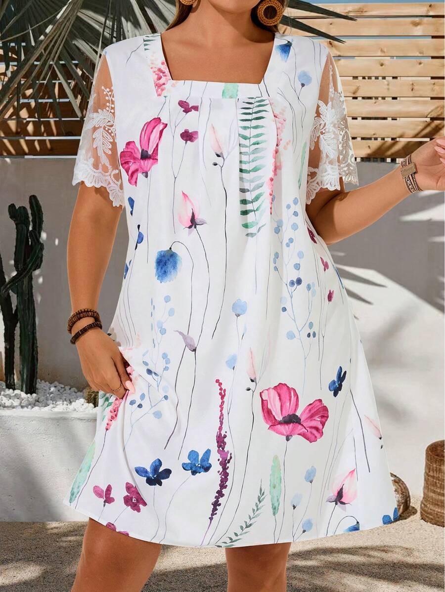 EMERY ROSE Plus Size Women Summer Vacation Square Collar Short Sleeve Lace Patchwork Floral Print Dress,Simple And Fashionable For Everyday Wear - Multicolor - View 1